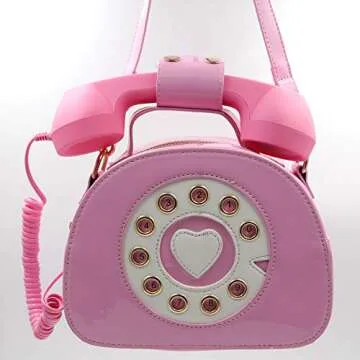 QiMing Retro dial telephone Crossbody Shoulder Bag,Pu Movable microphone Purse for Women(Pink)