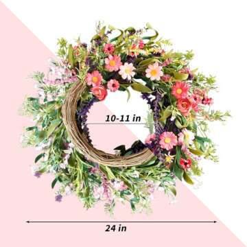 Qingbei Rina Spring Wreaths for Front Door, 22-24 Inch Floral Wreath for Decorating with Daisy and L...