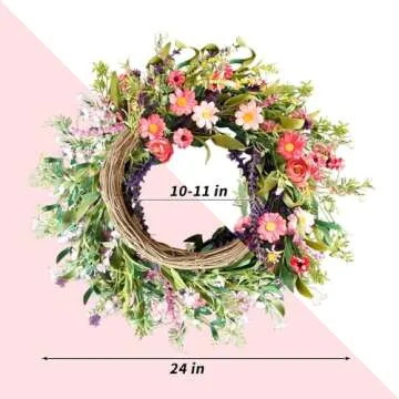 Qingbei Rina Spring Wreaths for Front Door, 22-24 Inch Floral Wreath for Decorating with Daisy and L...