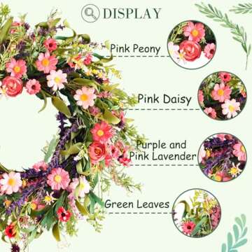 Qingbei Rina Spring Wreaths for Front Door, 22-24 Inch Floral Wreath for Decorating with Daisy and Lavender, Wildflower Wreaths Indoor Outdoor, Home Windows Wall Farmhouse Wedding Decor