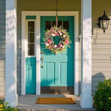 Qingbei Rina Spring Wreaths for Front Door, 22-24 Inch Floral Wreath for Decorating with Daisy and Lavender, Wildflower Wreaths Indoor Outdoor, Home Windows Wall Farmhouse Wedding Decor