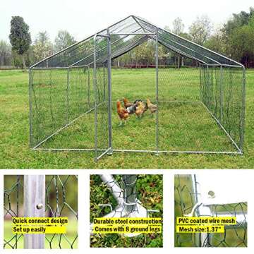 Large Metal Chicken Coop Walk-in Poultry Cage with Waterproof&Anti-UV Cover, Galvanized Steel Spire Top Coops with Door for Outdoor Backyard Farm Use 40 Chickens 19.7×9.8×6.6ft