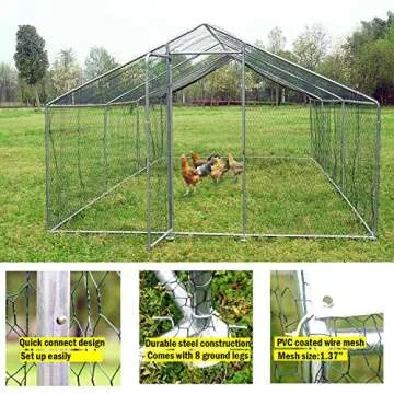 Large Metal Chicken Coop Walk-in Poultry Cage with Waterproof&Anti-UV Cover, Galvanized Steel Spire Top Coops with Door for Outdoor Backyard Farm Use 40 Chickens 19.7×9.8×6.6ft