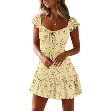 YOBECHO Women's Summer Ruffle Sleeve Sweetheart Neckline Printing Dress Mini Dress