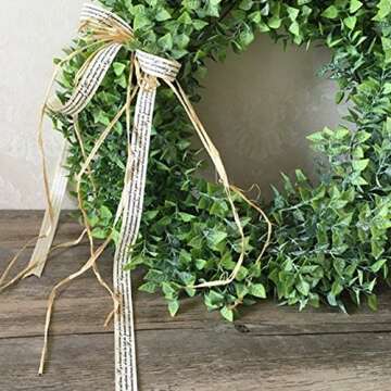 Zehui Green Leaf Wreath with Bow Door Hanging Wall Window Decoration, Small Wreath, Rustic Home Decor, Holiday Home Decor, Holiday Festival Wedding Decor.