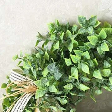Zehui Green Leaf Wreath with Bow Door Hanging Wall Window Decoration, Small Wreath, Rustic Home Decor, Holiday Home Decor, Holiday Festival Wedding Decor.