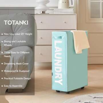 TOTANKI 25" Rolling Slim Laundry Basket on Wheels, Foldable Laundry Hamper with Handle, Collapsible ...