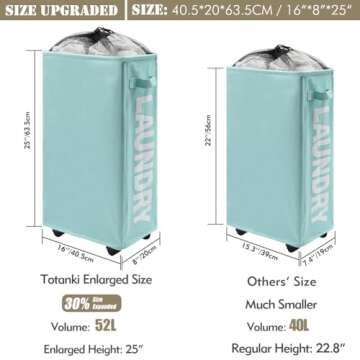 TOTANKI 25" Rolling Slim Laundry Basket on Wheels, Foldable Laundry Hamper with Handle, Collapsible Laundry Sorter and Organizer, Tall Storage Basket Bin (Light Blue)