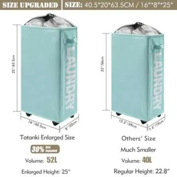 TOTANKI 25" Rolling Slim Laundry Basket on Wheels, Foldable Laundry Hamper with Handle, Collapsible Laundry Sorter and Organizer, Tall Storage Basket Bin (Light Blue)