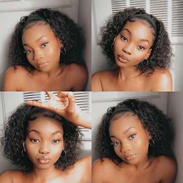 MsFan Headband Wigs for Black Women Water Wave Headband Wigs Human Hair None Lace Front Wigs Human Hair Glueless Headband Wig 10A 180% Density 10 Inch