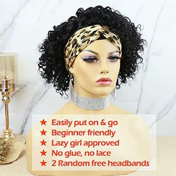 MsFan Headband Wigs for Black Women Water Wave Headband Wigs Human Hair None Lace Front Wigs Human Hair Glueless Headband Wig 10A 180% Density 10 Inch