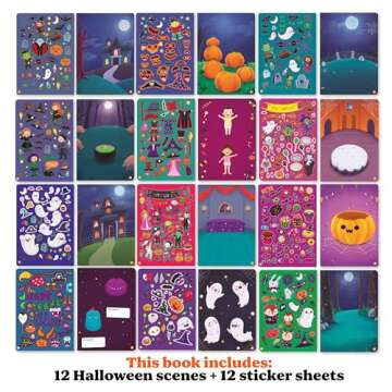 Halloween Sticker Activity Book for Kids + Coloring Book 12 scenes. Removable & Glow in the Dark Reu...