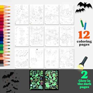 Halloween Sticker Activity Book for Kids + Coloring Book 12 scenes. Removable & Glow in the Dark Reusable Stickers for Children Halloween Activities, Toddlers Car Plane Travel Quiet Activities