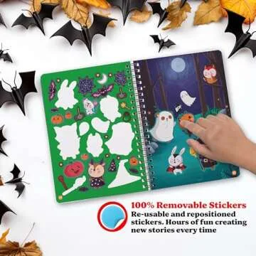 Halloween Sticker Activity Book for Kids + Coloring Book 12 scenes. Removable & Glow in the Dark Reusable Stickers for Children Halloween Activities, Toddlers Car Plane Travel Quiet Activities