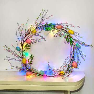 6FT Easter Decorative Garland with Pastel Eggs, Berries and Green Leaves, Spring Holiday Home Decor