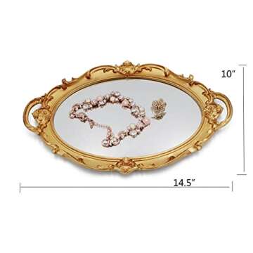 Funerom Vintage 14.5 x 10 inch Perfume Tray Mirror Tray Jewelry Organizer Serving Tray Oval Antique Gold