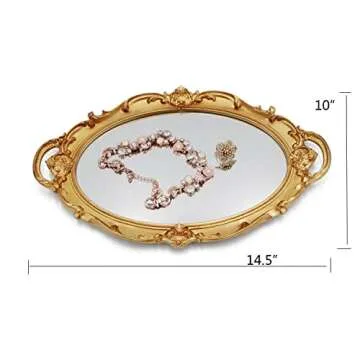Funerom Vintage 14.5 x 10 inch Perfume Tray Mirror Tray Jewelry Organizer Serving Tray Oval Antique Gold
