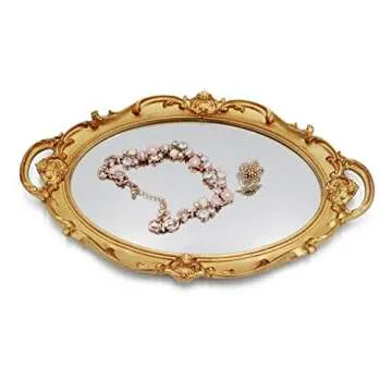 Funerom Vintage 14.5 x 10 inch Perfume Tray Mirror Tray Jewelry Organizer Serving Tray Oval Antique Gold