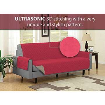 Kozy Home Sofa Cover Reversible Quilted Moroccan Styled Slipcover, Durable Tear and Stain Resistant Furniture Protector Washable Couch Covers for Dogs Pets Kids Children Cats (Burgundy/Beige, Sofa)