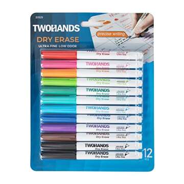 TWOHANDS Dry Erase Markers Ultra Fine Tip,0.7mm,Low Odor,Extra Fine Point,11 Assorted Colors,Whiteboard Markers for School,Office,Home,or Planning Whiteboard,12 Count,20529