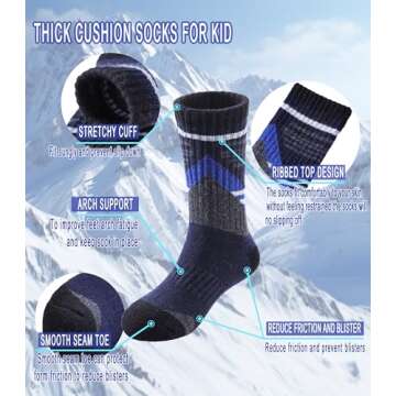 Yebing Kids Merino Wool Hiking Socks Boys Girls Toddlers Winter Warm Thermal Thick Cushion Boot Crew Gift Socks 6 Pairs Splicing Color,8-12 Year Old