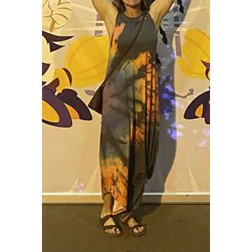 CHUNTIANRAN Women's Maxi Dress Summer Casual Sundress Sleeveless Long Dresses Hawaiian Beach Maxi Dress with Pockets(Reverse Rainbow-Grey,Small)