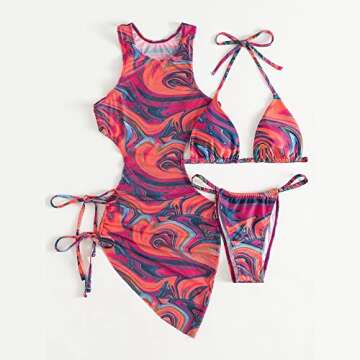 3 Piece Swimsuits for Women Padded Floral Print String Bikini Sets Bathing Suit Set Sexy Cutout High Neck Mesh Beach Cover Up Rose Red