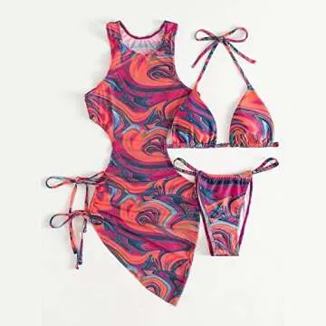 3 Piece Swimsuits for Women Padded Floral Print String Bikini Sets Bathing Suit Set Sexy Cutout High Neck Mesh Beach Cover Up Rose Red