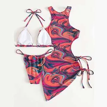 3 Piece Swimsuits for Women Padded Floral Print String Bikini Sets Bathing Suit Set Sexy Cutout High Neck Mesh Beach Cover Up Rose Red