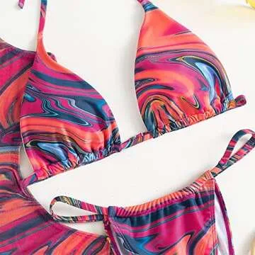 3 Piece Swimsuits for Women Padded Floral Print String Bikini Sets Bathing Suit Set Sexy Cutout High Neck Mesh Beach Cover Up Rose Red