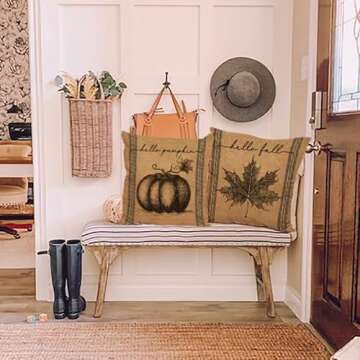 Vintage Farmhouse Fall Throw Pillow Covers Blue Stripe Autumn Thanksgiving Leave Hello Pumpkin Burla...