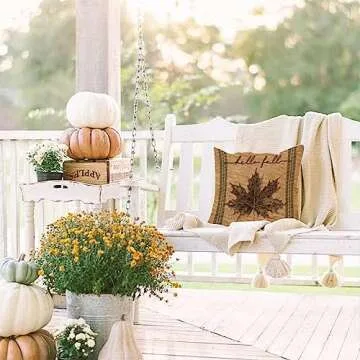 Vintage Farmhouse Fall Throw Pillow Covers Blue Stripe Autumn Thanksgiving Leave Hello Pumpkin Burlap Home Decor Throw Pillow Case Linen Cushion Cover 18" X 18" Set of 2