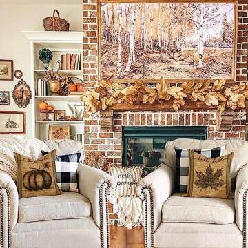 Vintage Farmhouse Fall Throw Pillow Covers Blue Stripe Autumn Thanksgiving Leave Hello Pumpkin Burlap Home Decor Throw Pillow Case Linen Cushion Cover 18" X 18" Set of 2