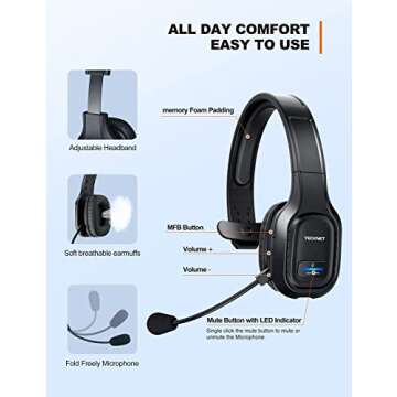 TECKNET Trucker Bluetooth Headphones with Microphone Noise Canceling Wireless On Ear Headset, Hands Free Wireless Headset for Cell Phone Computer Office Home Call Center Skype (Black)