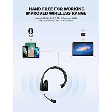 TECKNET Trucker Bluetooth Headphones with Microphone Noise Canceling Wireless On Ear Headset, Hands Free Wireless Headset for Cell Phone Computer Office Home Call Center Skype (Black)
