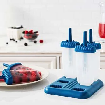 Tovolo Groovy Popsicle Molds (Set of 6) - Mess-Free Plastic Ice Pops with Reusable Sticks & Drip-Guard for Freezer Snacks/Dishwasher-Safe & BPA-Free,Blueberry