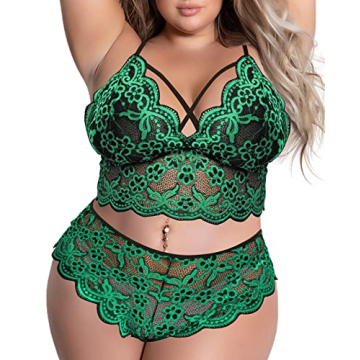 Ella Lust Plus Size Sexy Lingerie V-Neck High Waist Floral Lace Criss Cross Bra and Panty 2 Piece Se...