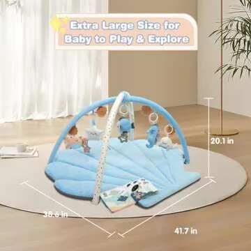 Baby Play Gym Mat, Oversize Tummy Time Activity Mat for Babies 0-6 Months, Shells Shaped Baby Play Mat with 6 Detachable Toys, Baby Mat for Floor Sensory Exploration Motor Skill Development (Blue)