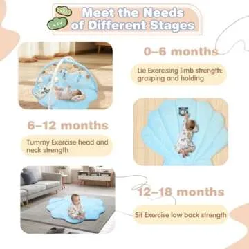 Baby Play Gym Mat, Oversize Tummy Time Activity Mat for Babies 0-6 Months, Shells Shaped Baby Play Mat with 6 Detachable Toys, Baby Mat for Floor Sensory Exploration Motor Skill Development (Blue)