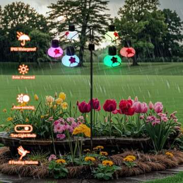 Wind Chimes Solar Hummingbird Feeders for Outdoors(6 Feeding Stations),Solar Lights Outdoor Waterproof, Glass Hummingbird Feeder with Shepherd Hook,Garden Decor for Outside(Frosted Clear)