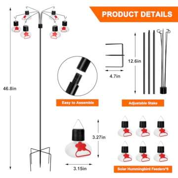 Wind Chimes Solar Hummingbird Feeders for Outdoors(6 Feeding Stations),Solar Lights Outdoor Waterproof, Glass Hummingbird Feeder with Shepherd Hook,Garden Decor for Outside(Frosted Clear)