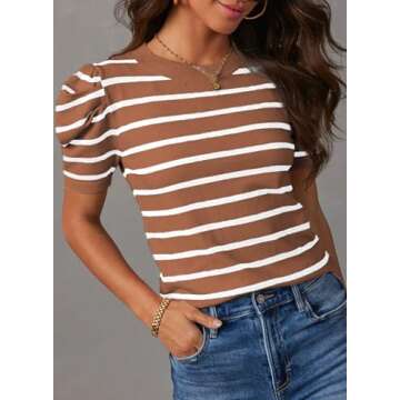 Dokotoo Women's 2025 Summer Outifits Puff Short Sleeve Striped Tops Cute Crew Neck Ribbed Knit Top Elegant Trendy Khaki Stripe Business Clothes X-Large