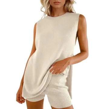 Yimoon Women’s Summer Sweater Set 2 Piece Beach Vacation Outfits Sleeveless Tunic Top Matching Sho...