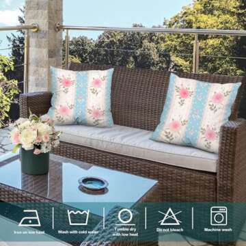 Batmerry Shabby Chic Pillow Covers 18x18 Inch Set of 2, Shabby Chic Pink Rose Pattern On Blue Stripe...