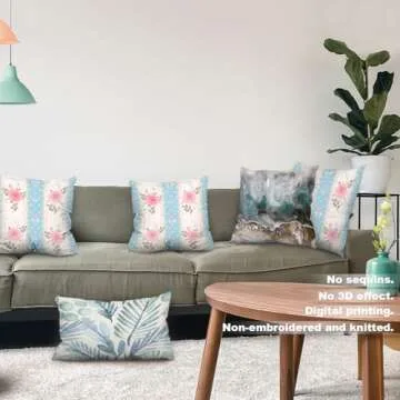 Batmerry Shabby Chic Pillow Covers 18x18 Inch Set of 2, Shabby Chic Pink Rose Pattern On Blue Stripes Double Sided Decorative Pillows Cases Throw Pillows Covers