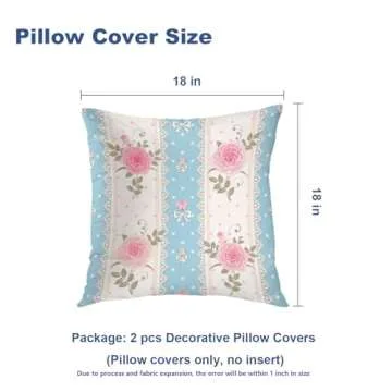 Batmerry Shabby Chic Pillow Covers 18x18 Inch Set of 2, Shabby Chic Pink Rose Pattern On Blue Stripes Double Sided Decorative Pillows Cases Throw Pillows Covers