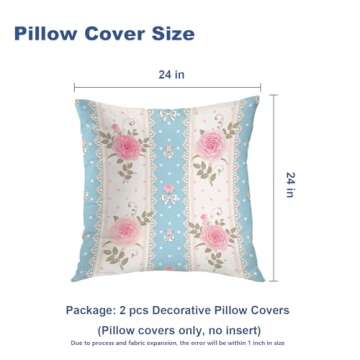 Batmerry Shabby Chic Pillow Covers 18x18 Inch Set of 2, Shabby Chic Pink Rose Pattern On Blue Stripes Double Sided Decorative Pillows Cases Throw Pillows Covers