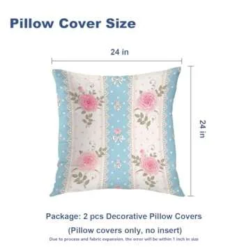 Batmerry Shabby Chic Pillow Covers 18x18 Inch Set of 2, Shabby Chic Pink Rose Pattern On Blue Stripes Double Sided Decorative Pillows Cases Throw Pillows Covers
