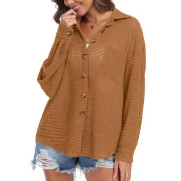 Anyhold Women's Waffle Knit Shacket Jackets Plus Size Button Down Shirts Fall Long Sleeve Casual Dressy Tops Medium, Brick Red