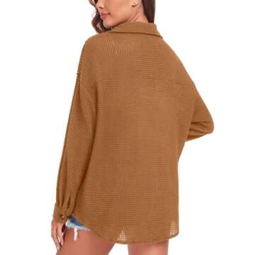 Anyhold Women's Waffle Knit Shacket Jackets Plus Size Button Down Shirts Fall Long Sleeve Casual Dressy Tops Medium, Brick Red